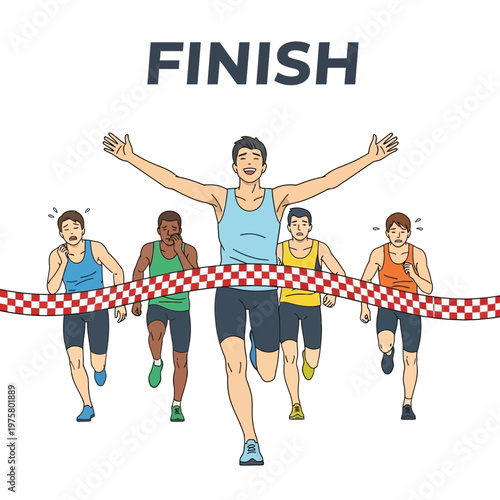 Runner crosses finish line first, celebrating victory with arms raised, competitors behind