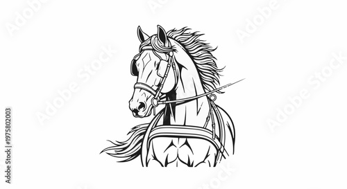 Stylized black and white outline drawing of a horse head and shoulders in harness