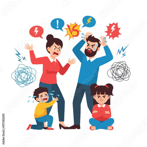 Family conflict: parents arguing, children upset, domestic dispute illustration