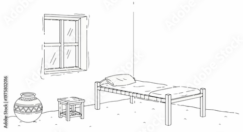 Simple room interior with a bed, a window, a stool, and a patterned pot