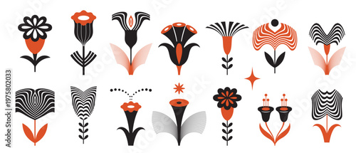 Set of floral abstract botniacal logo, decorative design elements, geometric flowers icons collection
