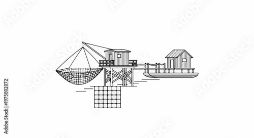Stylized drawing of a stilted structure with a net and a floating building