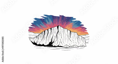 Stylized iceberg under a vibrant, abstract aurora borealis