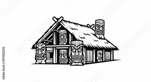 Whimsical thatched hut adorned with carved faces, drawing inspiration from island culture