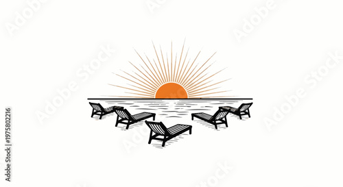 Six lounge chairs on a beach with a rising sun over the ocean