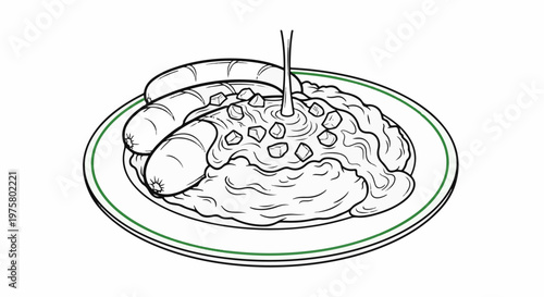 Delicious dish of sausages and mashed potatoes with gravy being poured over