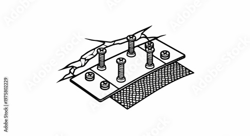 Cracked surface repaired with metal plate and screws