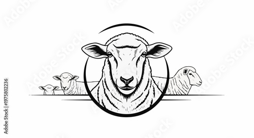 Stylized illustration of sheep heads in a circular emblem, with a halo