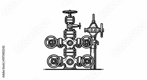 Stylized line drawing of a complex wellhead assembly with multiple valves