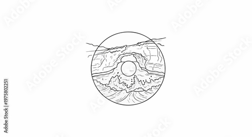 Circular ink sketch of a rocky gorge with a river and a central circular opening