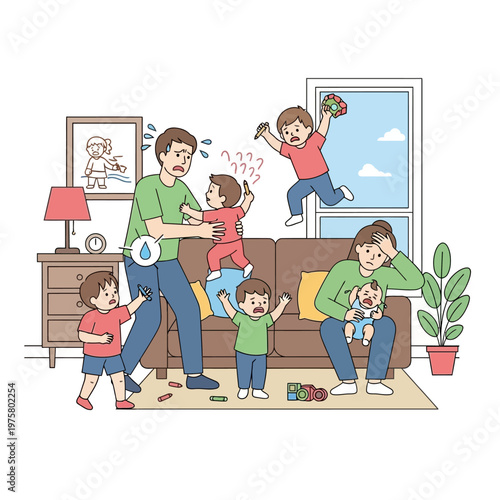 Overwhelmed Parents Dealing with Chaotic Children in Messy Living Room