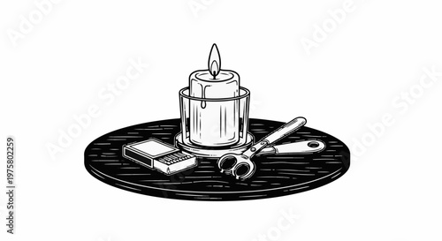 Burning candle in glass with matches and wick trimmer on round tray