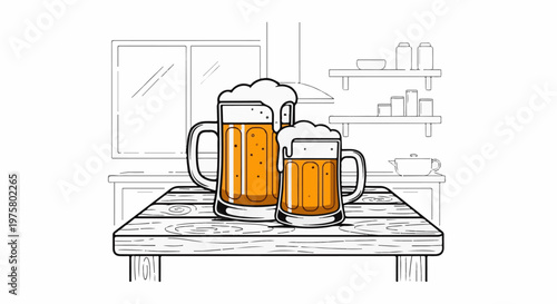 Two overflowing mugs of amber liquid with foamy tops sit on a wooden table