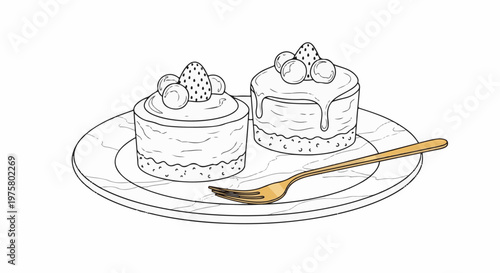 Two delicious frosted cakes with strawberries and round candies on a marbled plate