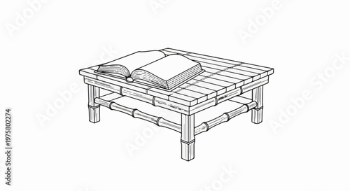 An open book rests on a rustic bamboo table with two tiers