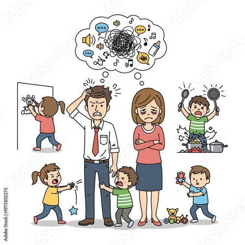 Overwhelmed Parents with Chaotic Children and Stressful Family Life Illustration