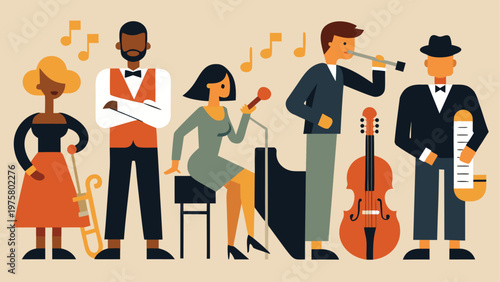 Jazz band, musicians, music icons, vector illustrations