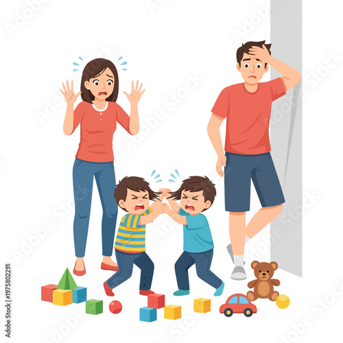 Parents stressed watching kids fight over toys, illustration of family conflict and childhood problems