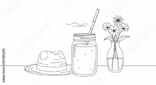 A stylized sketch of a fedora hat, a jar with a straw, and a vase with flowers