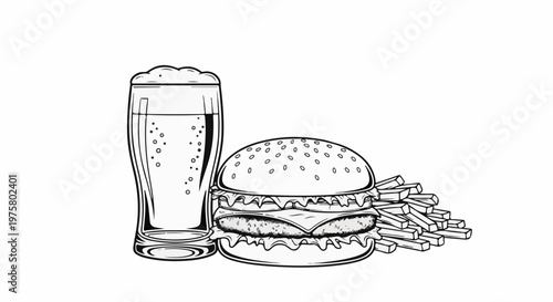 A classic combination a tall glass of bubbly beer beside a thick, layered burger with fries