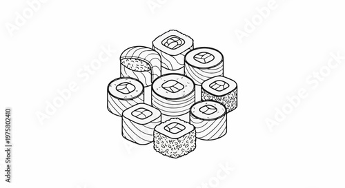 A black and white sketch of various sushi rolls artfully arranged in a cluster