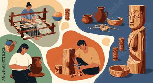 Traditional craftsmen at work, woodcarving and pottery making