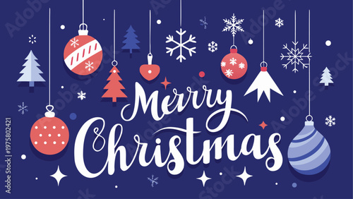 Merry Christmas, festive hanging ornaments, holiday decorations, winter graphics