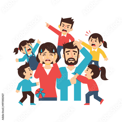 Stressed Parents Overwhelmed by Chaotic Children, Family Chaos Illustration