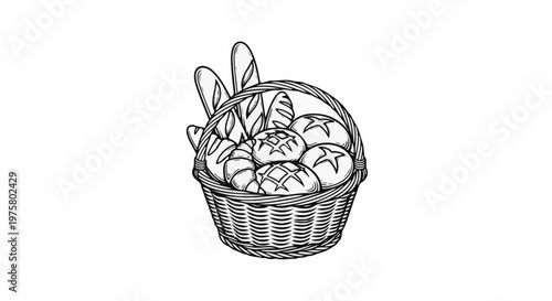 A black and white sketch of a woven basket overflowing with various baked goods