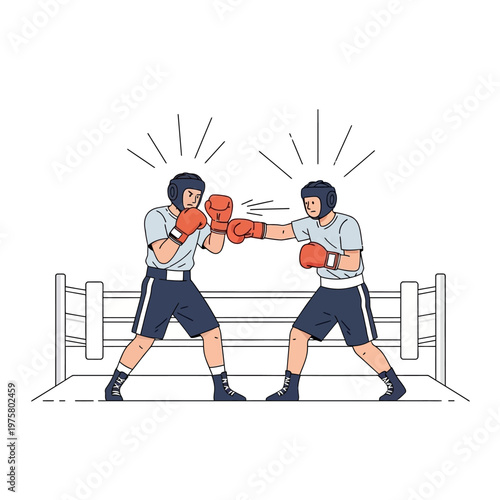Two boxers fighting in a ring, wearing headgear and gloves, intense match illustration