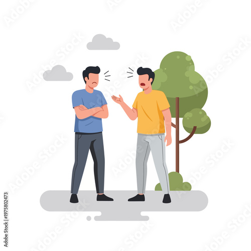 Two men arguing outdoors with trees and clouds in the background