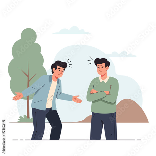 Two men arguing outdoors with trees and hills background, conflict illustration