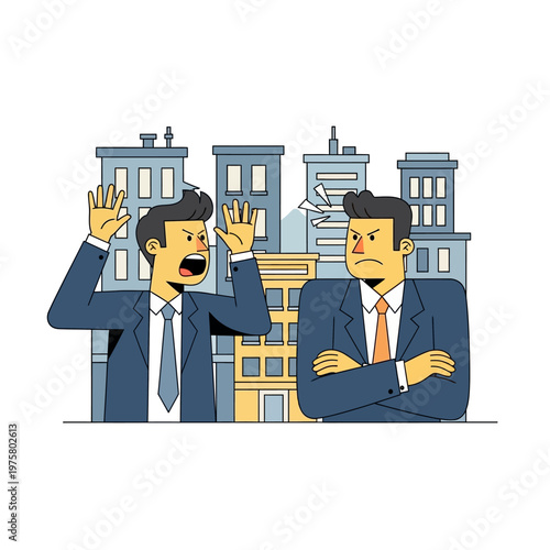 Angry businessmen arguing in front of cityscape, conflict and disagreement concept