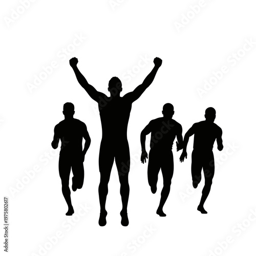 Silhouette of runner celebrating victory at finish line with competitors behind