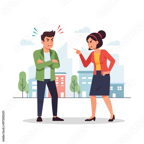 Angry couple arguing outdoors in front of city buildings, relationship conflict