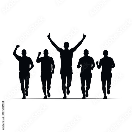 Silhouette of runners celebrating victory, winner with arms raised, competition, sport, achievement