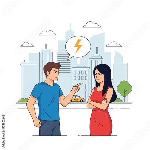 Angry couple arguing in city street with taxi and skyscrapers background