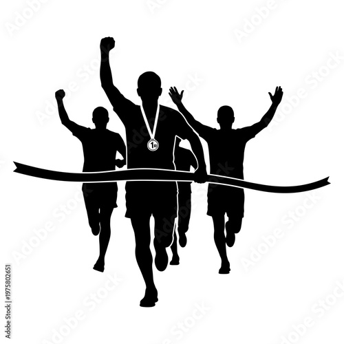 Silhouette of runners crossing finish line, winning race with arms raised, medal.