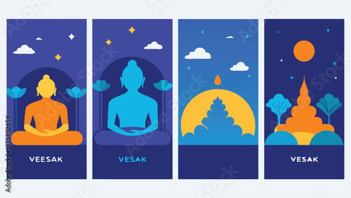 Buddha, Vesak, Buddhist icons, meditation, spiritual symbols, vector set
