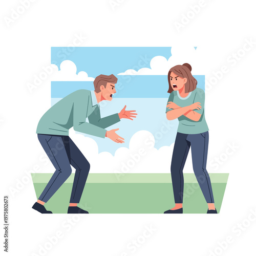 Angry couple arguing outdoors, relationship conflict, disagreement, misunderstanding, emotional stress