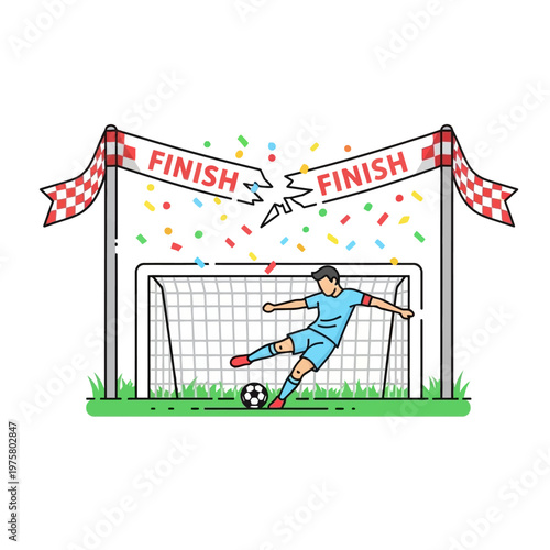 Soccer Player Kicking Ball Through Finish Line Ribbon and Confetti