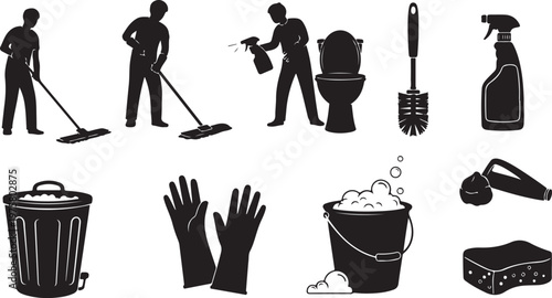Cleaning Supplies and Tools Silhouette Vector Icons Set