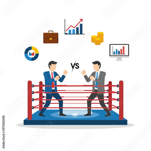 Business Competition: Two businessmen in boxing ring with finance icons