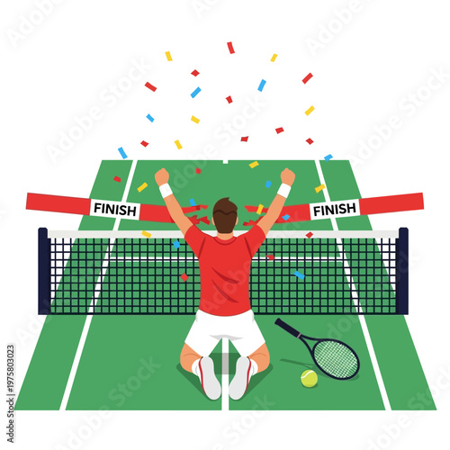 Tennis Player Celebrating Victory on Court with Confetti Falling
