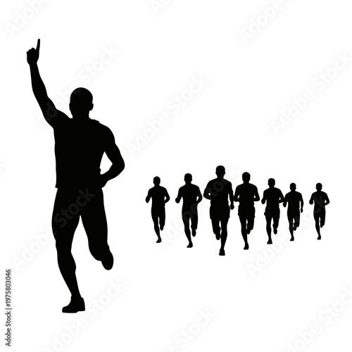 Winner Runner Silhouette Celebrating Victory Leading Group Marathon Race
