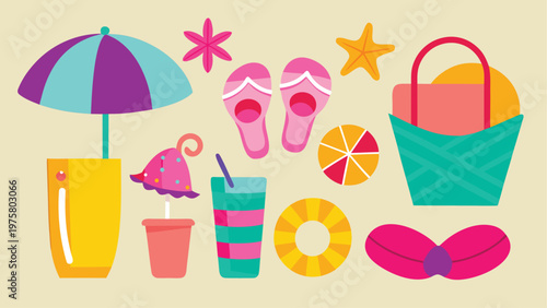 Summer, beach, vacation, icons, colorful, flat, vector graphics