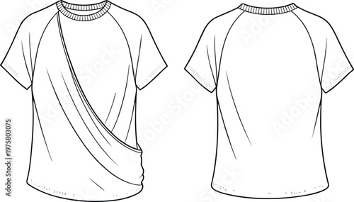 Women’s fashion technical drawing, short sleeve top, asymmetrical draped design, raglan sleeve, round rib neckline, garment flat sketch, apparel illustration