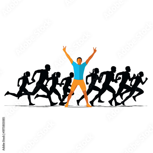 Winner stands out from running crowd, arms raised in victory pose