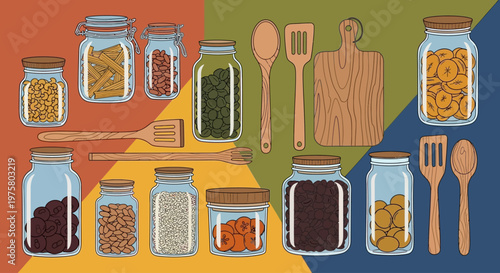 Variety of food in jars on colorful background