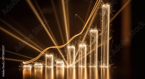 Dynamic illuminated bar graph showing continuous upward financial growth and data analysis with glowing light particles against a dark background, representing market expansion and success in business